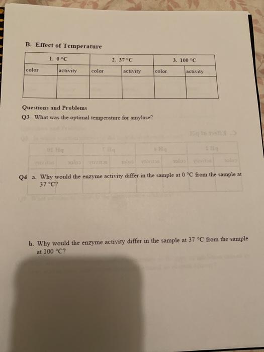 Solved B. Effect Of Temperature 1.0°C 2. 37 °C 3. 100 °C | Chegg.com