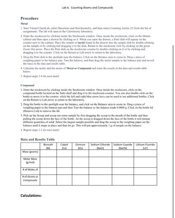 Solved Lab 6. Counting Atoms and Compounds Background Mole | Chegg.com