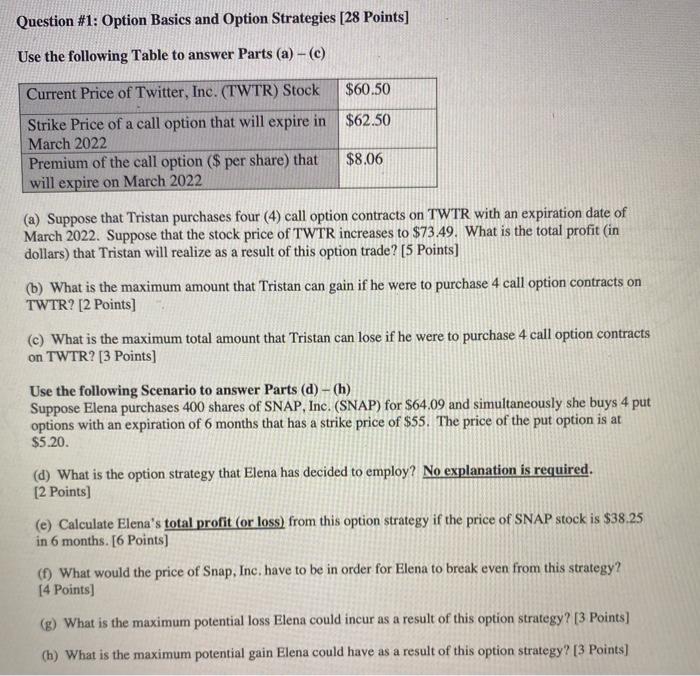 Solved Question #1: Option Basics and Option Strategies [28 | Chegg.com