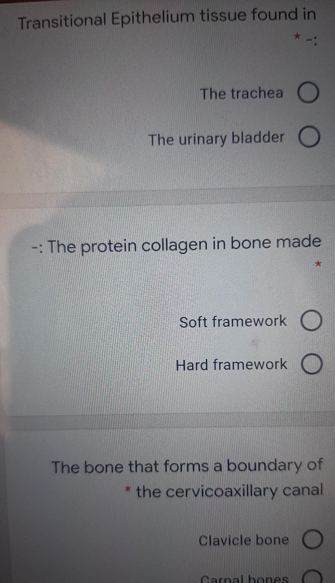 Transitional Epithelium tissue found in The trachea o The urinary bladder O -: The protein collagen in bone made Soft framewo