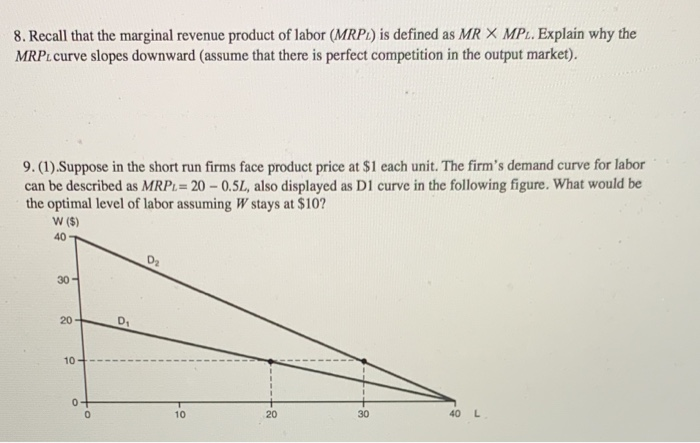 Solved 8. Recall that the marginal revenue product of labor | Chegg.com