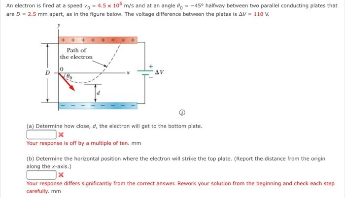 Solved An electron is fired at a speed Vo = 4.5 x 10 m/s and | Chegg.com