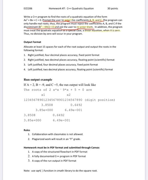 Solved ECE206 Homework #7: C++ Quadratic Equation 30 points | Chegg.com