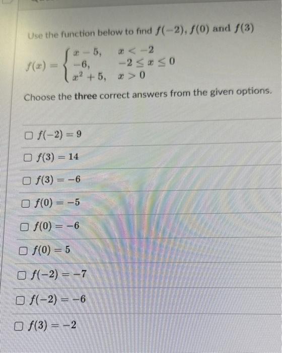 Solved Use the function below to find f(−2),f(0) and f(3) | Chegg.com