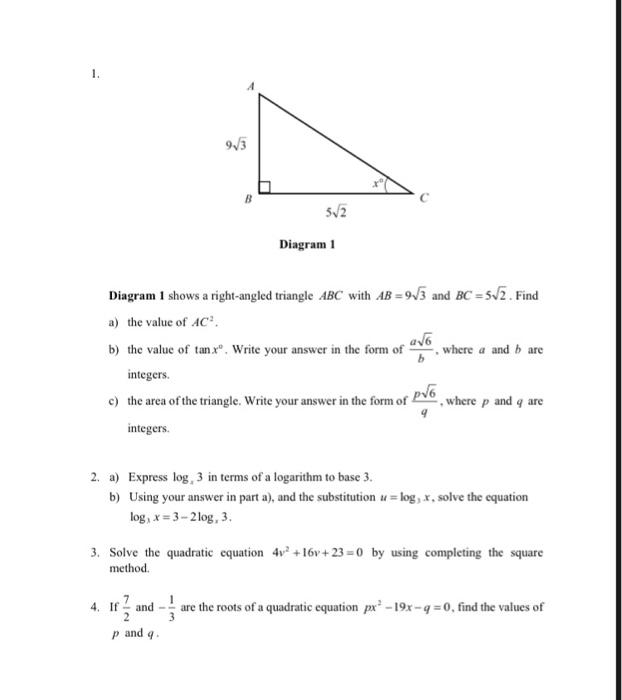 Solved 1. B 512 Diagram 1 Diagram 1 shows a right-angled | Chegg.com