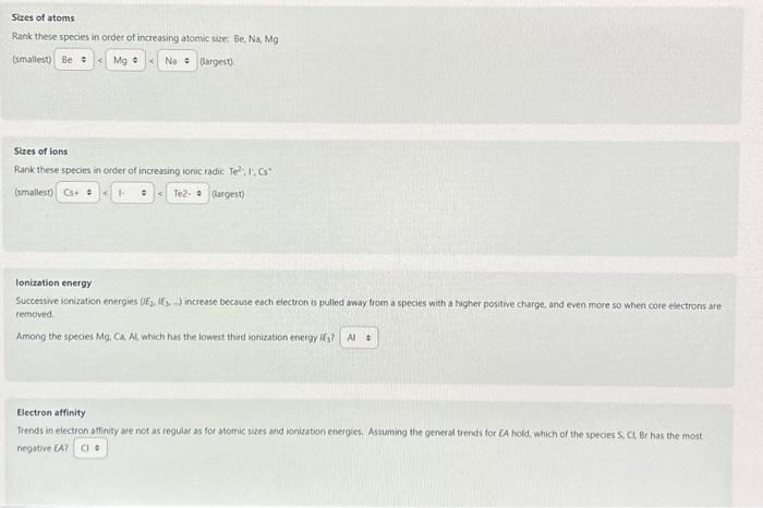 Solved Sizes of atoms Rank these species in order of | Chegg.com