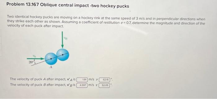 Solved Problem 13.167 Oblique central impact -two hockey | Chegg.com