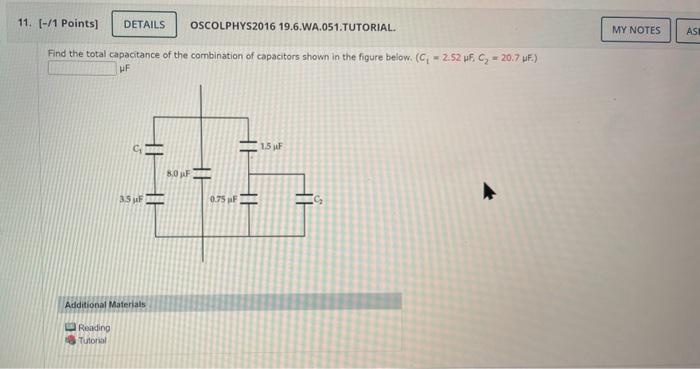 Find the total capacitance of the combination of capacitors shown in the figure below. \( \left(C_{1}=2.52 \mu F, C_{2}=20.7\