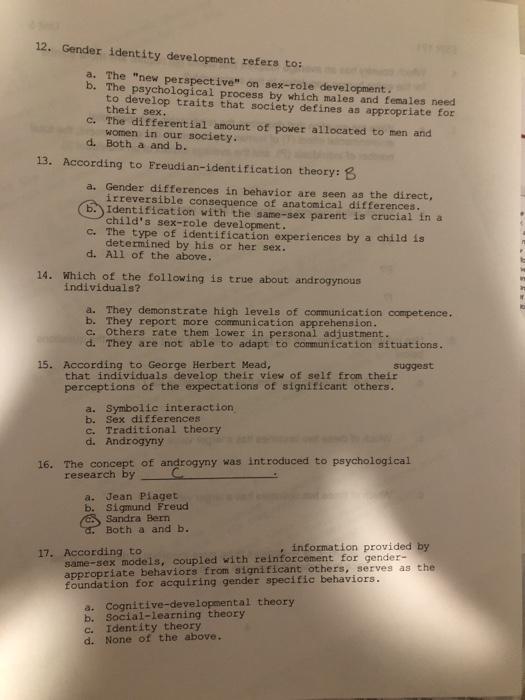 Solved 12. Gender identity development refers to a. The Chegg