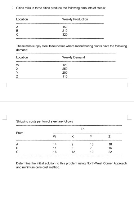 2. Cities mills in three cities produce the following amounts of steels; Location Weekly Production ? B ? 150 210 320 These m