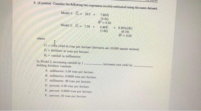 Solved 9. (4 points) Consider the following two regression | Chegg.com