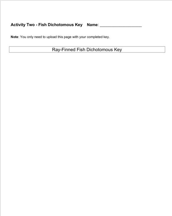 Activity Two - Fish Dichotomous Key Name:
Note: You only need to upload this page with your completed key.
Ray-Finned Fish Di