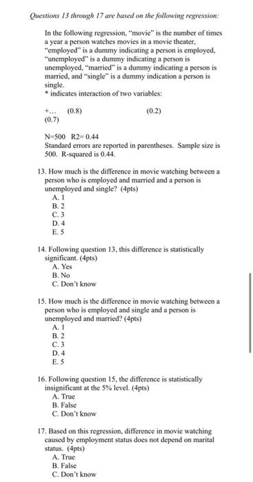 Questions 13 through 17 are based on the following | Chegg.com