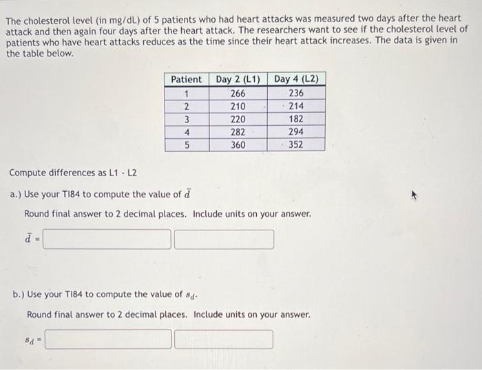 Solved The cholesterol level (in mg/dL ) of 5 patients who | Chegg.com