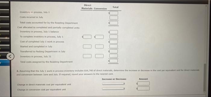 Direct
Materials Conversion
Total
Inventory in process, July 1
Costs incurred in July
Total costs accounted for by the Roasti