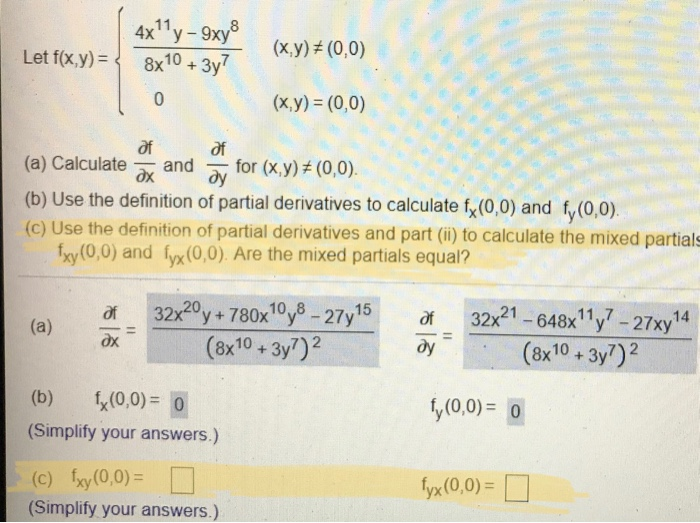 Solved 4x Ty 9xy 8x10 3y7 X Y 0 0 Let F X Y Chegg Com