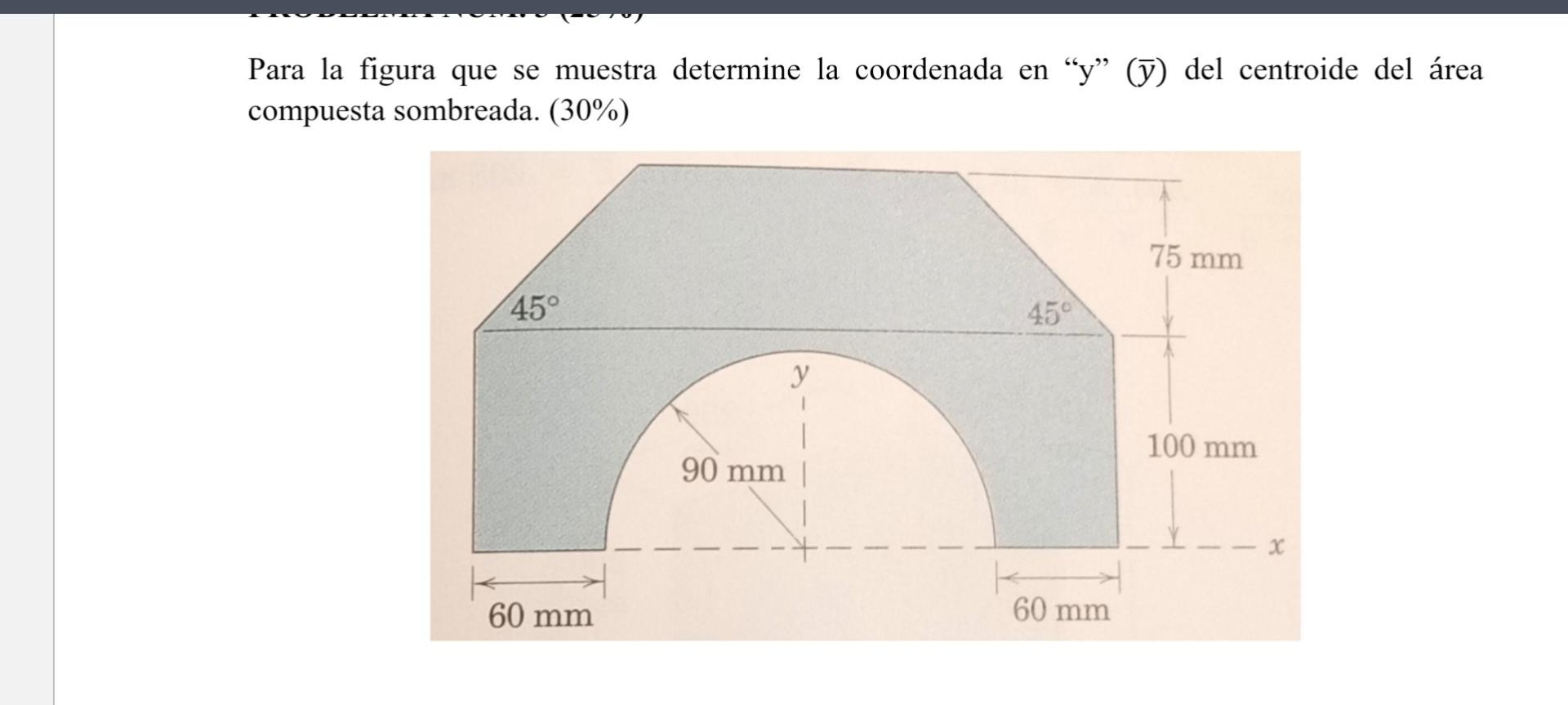 Para la figura que se muestra determine la coordenada en \( y \) \( (\bar{y}) \) del centroide del área compuesta sombrea