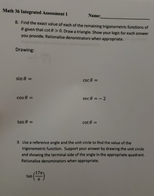 Solved Math 36 Integrated Assessment 1 Name: 8. Find the | Chegg.com