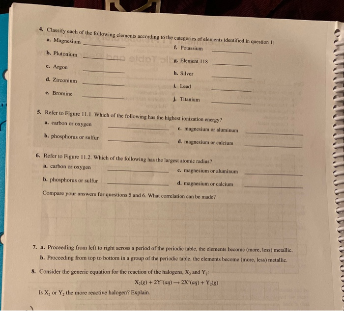 Solved 4. Classily each of the following elements according | Chegg.com