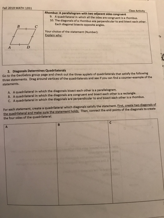 Solved Fall 2019 MATH 1351 Class Activity Rhombus: A | Chegg.com