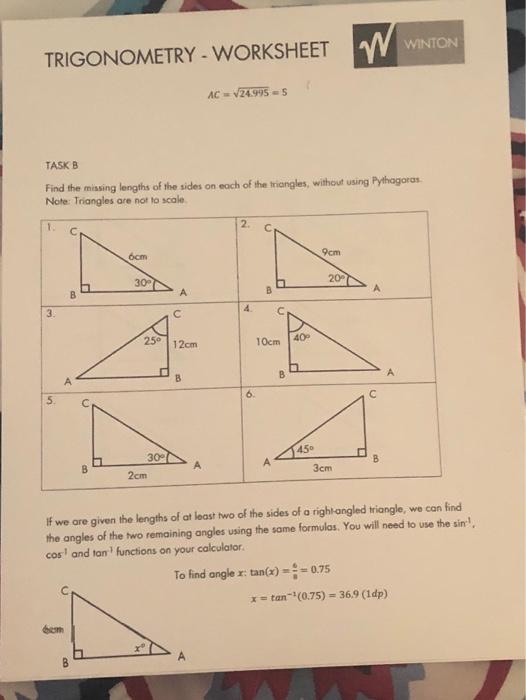 Solved W WINTON TRIGONOMETRY - WORKSHEET AC = 2.995-5 TASK B