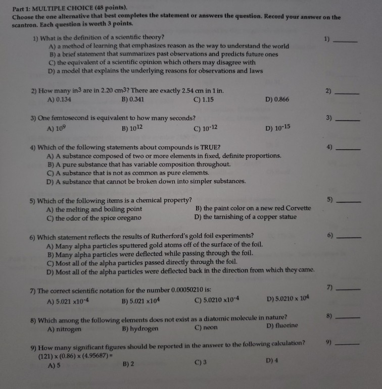 Solved Part 1: MULTIPLE CHOICE (48 points). Choose the one | Chegg.com
