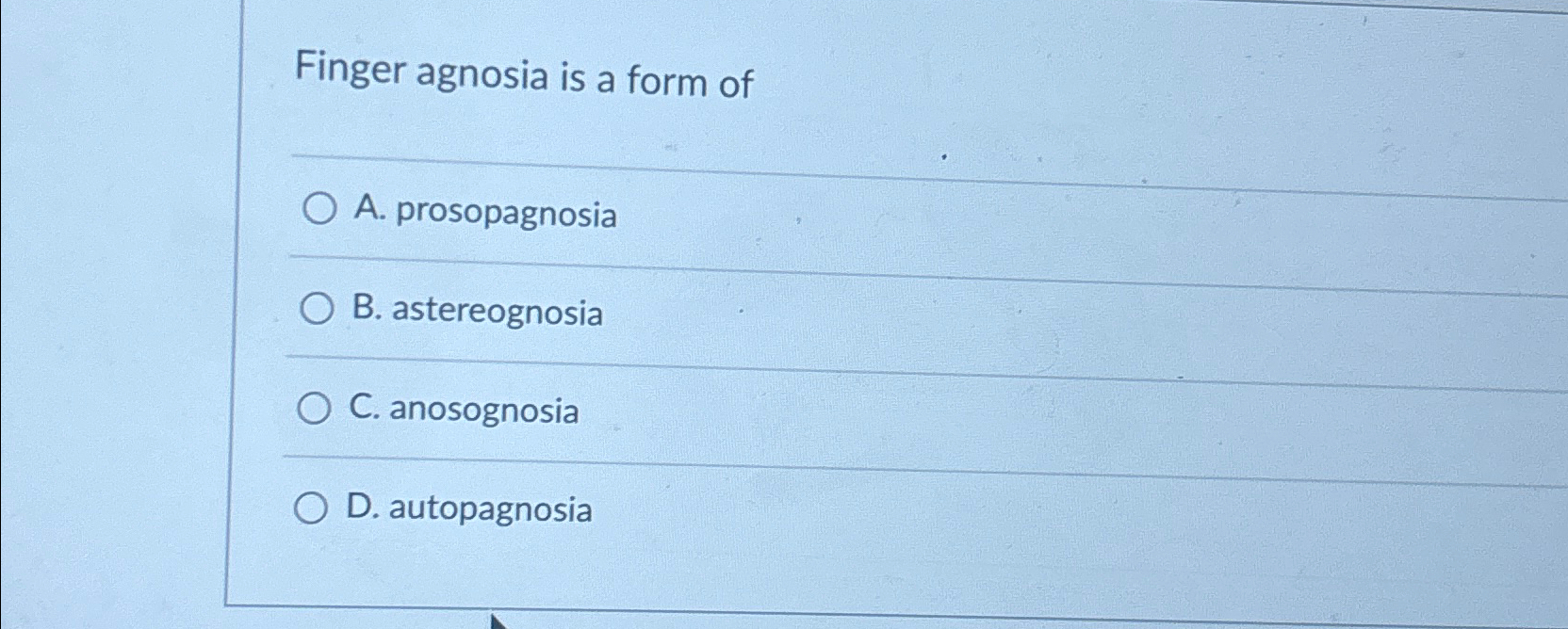 Solved Finger agnosia is a form ofA. ﻿prosopagnosiaB. | Chegg.com