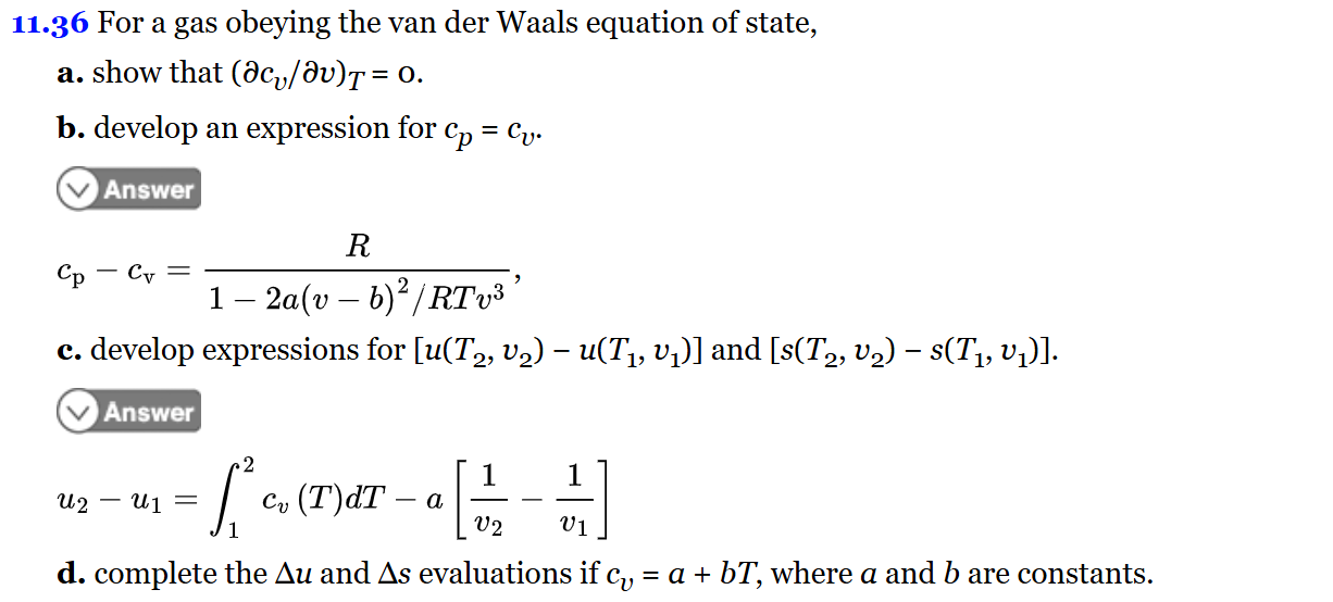 Solved 11.36 ﻿For a gas obeying the van der Waals equation | Chegg.com
