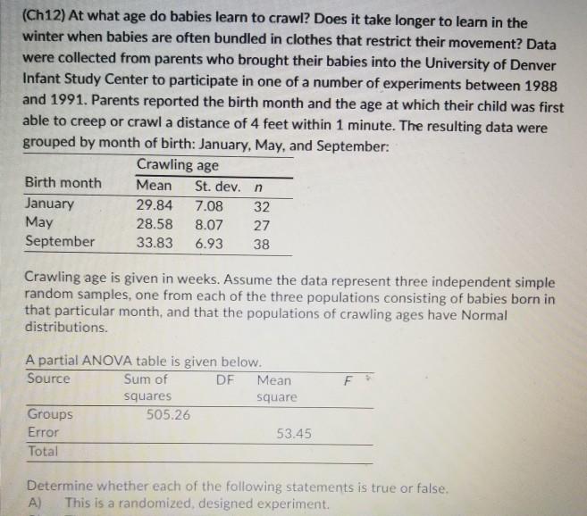 Solved (Ch12) At what age do babies learn to crawl? Does it