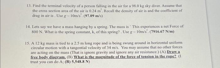 Solved 13. Find The Terminal Velocity Of A Person Falling In 