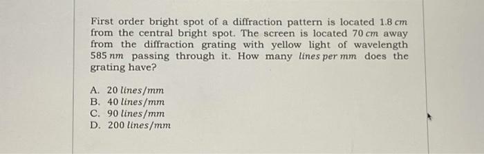 Solved First order bright spot of a diffraction pattern is | Chegg.com