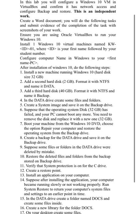 Solved In this lab you will configure a Windows 10 VM in | Chegg.com