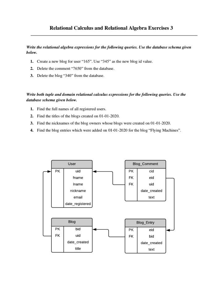 Solved Relational Calculus And Relational Algebra Exercises | Chegg.com