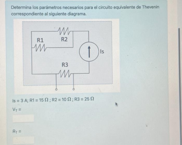 Determina los parámetros necesarios para el circuito equivalente de Thevenin correspondiente al siguiente diagrama. \[ \begin