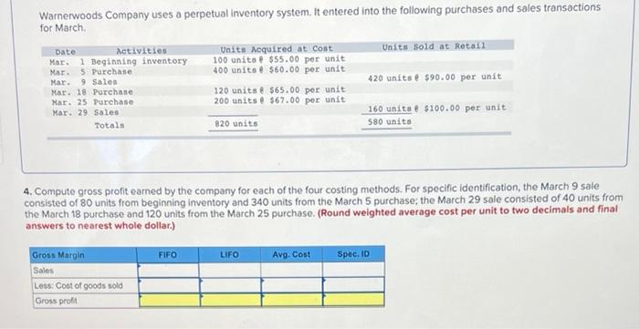 Warnerwoods Company uses a perpetual inventory system. It entered into the following purchases and sales transactions for Mar