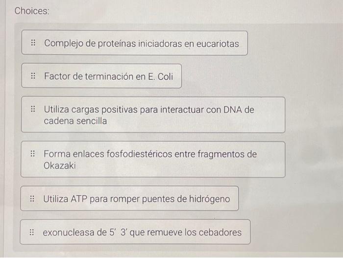 Choices: :: Utiliza cargas positivas para interactuar con DNA de cadena sencilla :: Forma enlaces fosfodiestéricos entre frag