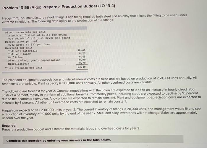 Solved Problem 13-56 (Algo) Prepare a Production Budget (LO | Chegg.com