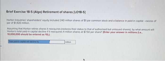 Solved Brief Exercise 18-5 (Algo) Retirement Of Shares | Chegg.com