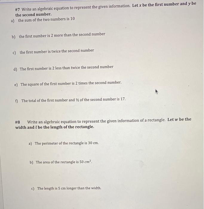 Solved #7 Write an algebraic equation to represent the given | Chegg.com