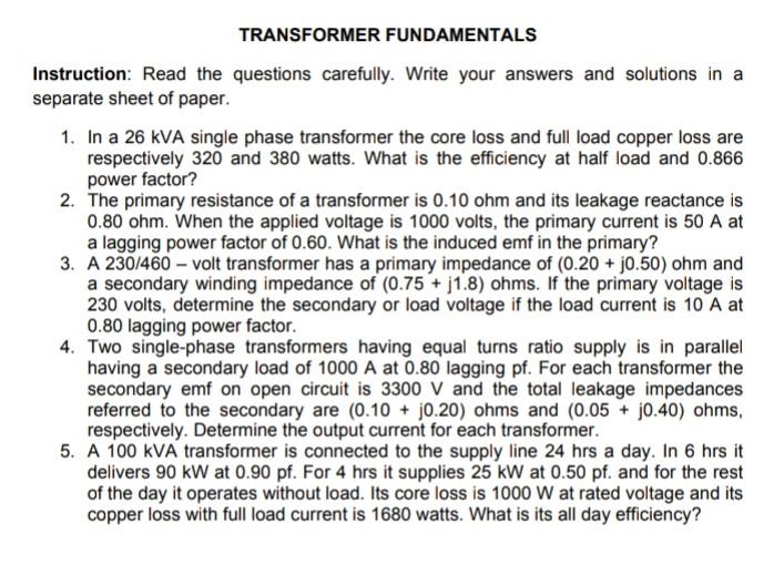 Solved TRANSFORMER FUNDAMENTALS Instruction Read the