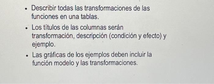 - Describir todas las transformaciones de las funciones en una tablas. - Los títulos de las columnas serán transformación, de