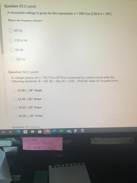 Solved Question 5 (1 point) A sinusoidal voltage is given by | Chegg.com