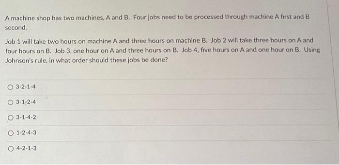 Solved A Machine Shop Has Two Machines, A And B. Four Jobs | Chegg.com