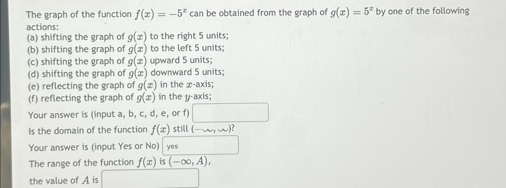 Solved The graph of the function f(x)=-5x ﻿can be obtained | Chegg.com