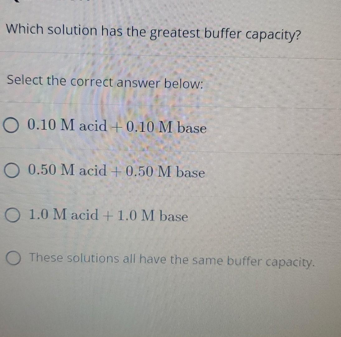 Solved Which solution has the greatest buffer capacity?