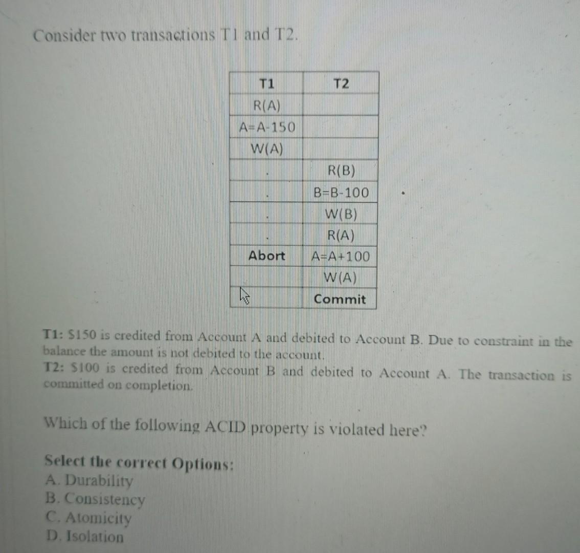 Solved Consider Two Transactions T1 And T2. T1: $150 Is | Chegg.com