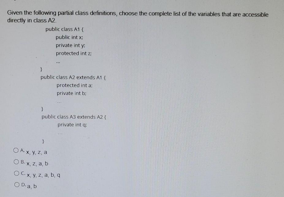 Solved Given the following partial class definitions, choose | Chegg.com