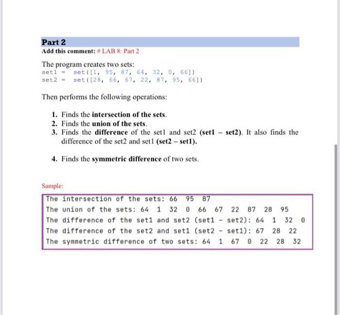Solved Python LAB Worksheet 8: Dictionary | Set • These are | Chegg.com