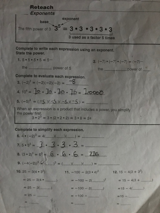 Solved Reteach Exponents Base The Fifth Power Of 3 3 Chegg Com