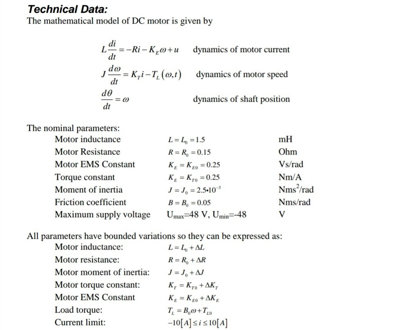 Technical Data: The Mathematical Model Of Dc Motor Is 